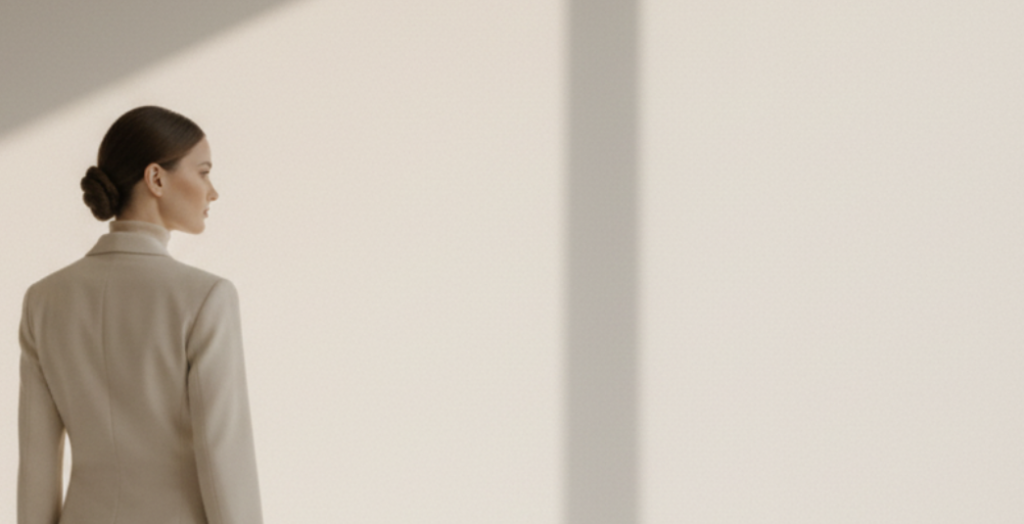 Frau schaut nach rechts, während die Sonne an die Wand scheint.