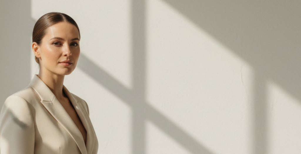 Frau steht vor einer Wand.