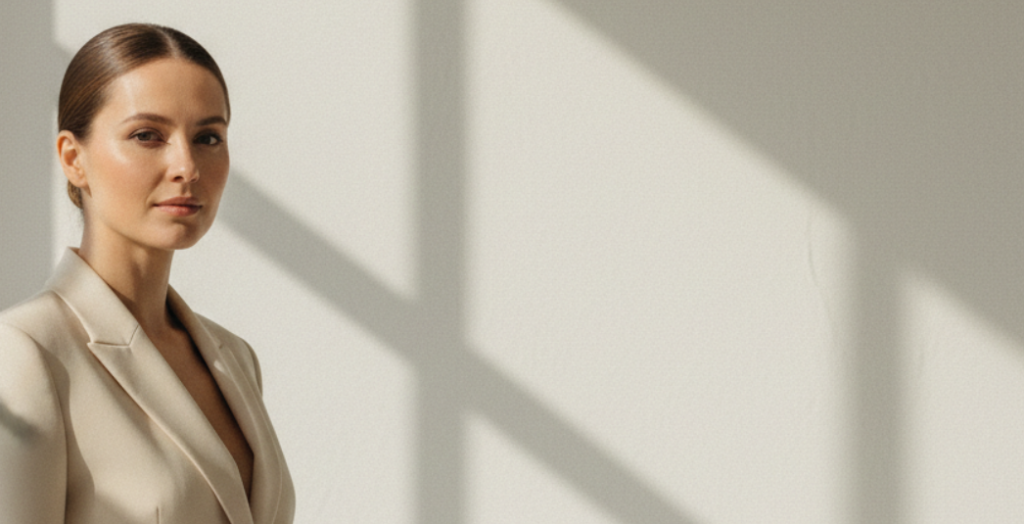 Frau steht an einer Wand, während Sonnenlicht darauf fällt.