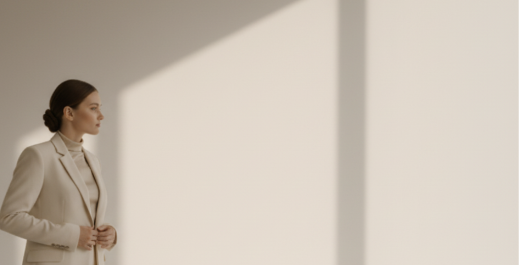 Frau steht vor einer Wand mit Sonnenlicht.