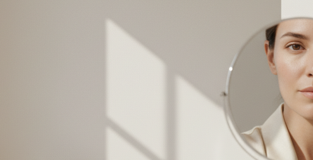 Das Gesicht einer Frau in einem kleinen Spiegel.