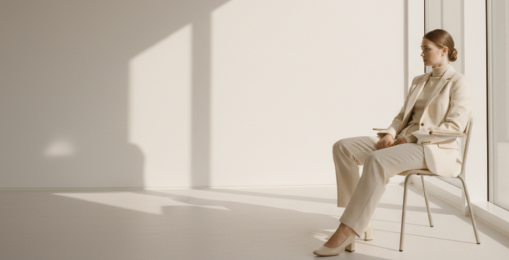 Frau sitzt auf einem Stuhl. Im Hintergrund scheint die Sonne gegen die Wand.