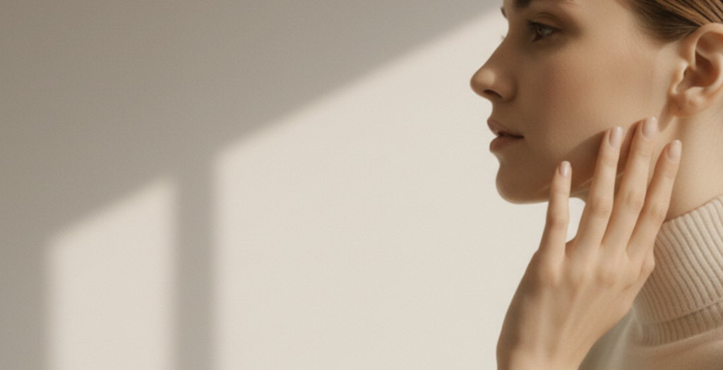 Gesicht einer Frau mit beigen Hintergrund.