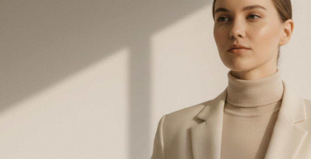 Frau im beigen Outfit.