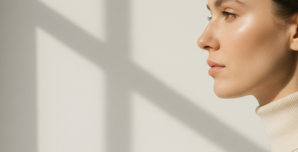 Seitenaufnahme einer hübschen Frau.